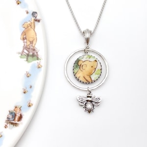 Vintage Winnie the Pooh Necklace, Pooh Bear Broken China Jewelry, Unique Vintage Gifts, Sterling Silver Necklace, Gifts for Women