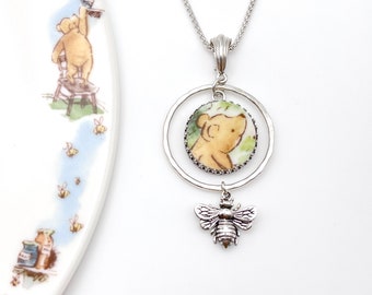 Vintage Winnie the Pooh Necklace, Pooh Bear Broken China Jewelry, Unique Vintage Gifts, Sterling Silver Necklace, Gifts for Women