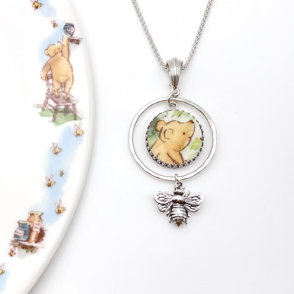 Vintage Winnie the Pooh Necklace, Pooh Bear Broken China Jewelry, Unique Vintage Gifts, Sterling Silver Necklace, Gifts for Women