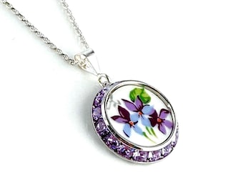 20th Anniversary China Gift for Wife, Purple Violets Broken China Jewelry, Unique Gifts for Wife