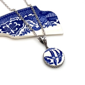 Love Birds Vintage Blue Willow Ware China Necklace Broken China Jewelry 20th Anniversary Gift for Wife Sterling Silver Antiqued Finish