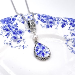 Blue and White Broken China Jewelry, 20th Anniversary Gift for Wife, Daisy Flower Necklace, Unique Gifts for Women image 1