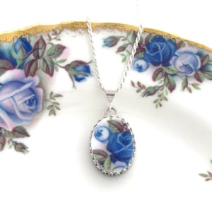 Blue Moonlight Rose Dainty China Necklace, Unique Birthday Gifts for Women, Vintage Royal Albert Broken China Jewelry, Handmade Jewelry