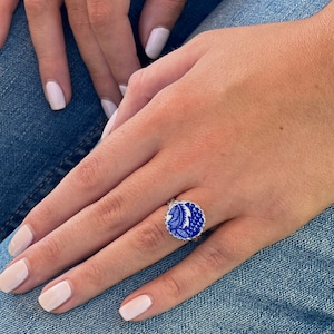 Blue Willow Broken China Jewelry Ring, Sterling Silver Adjustable Ring for Women, Vintage China Jewelry Gift