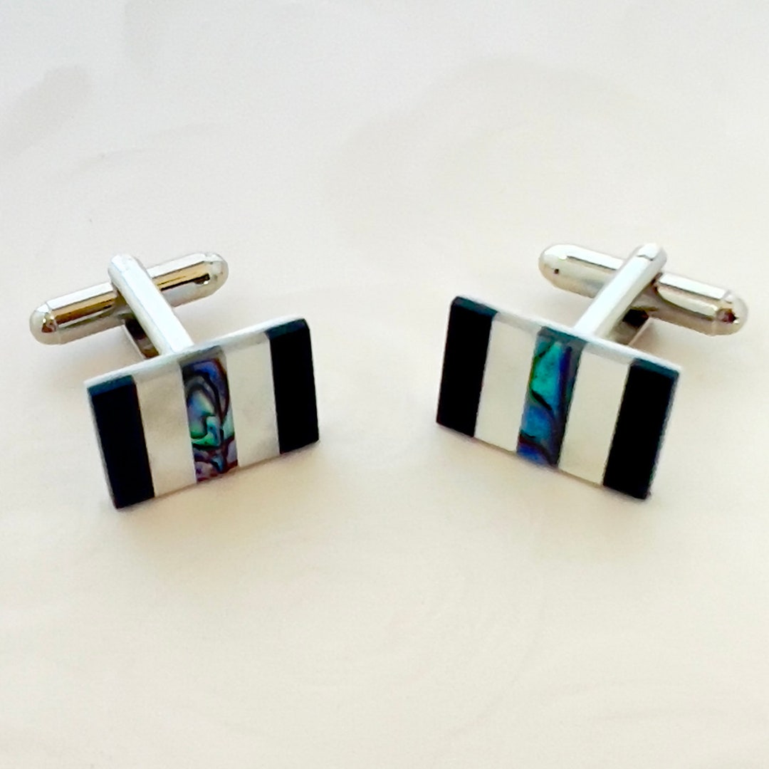 Shell Cufflinks Unisex Cufflinks, Vintage Abalone Shell, Mother of Pearl and Black Onyx ...