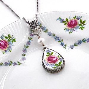 Broken China Jewelry, 20th Anniversary Gift for Wife, Rose and Forget Me Not Necklace, Unique Gift, Gifts for Women