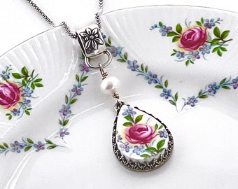 Broken China Jewelry, 20th Anniversary Gift for Wife, Rose and Forget Me Not Necklace, Unique Gift, Gifts for Women