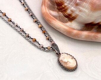 Natürlicher Opal und viktorianischer Cameo Halskette, Zarte Braut Halskette, Vintage Geschenk für Sie, Muschel Cameo Schmuck, Markasit