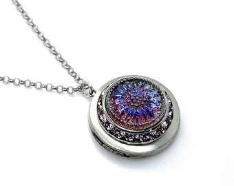 Medallón de cristal con forma de girasol colorido, único en su clase, y collar con medallón para foto de plata.