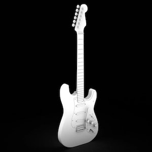 May include: A white electric guitar with a black pickguard and chrome hardware. The guitar has a single cutaway body and a six-string neck.