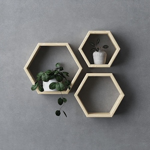 Zeshoekige honingraatplanken gemaakt van natuurlijk grenen — moderne 3-delige zwevende set voor stijlvol interieur (ecomodulaire honingraatplanken)