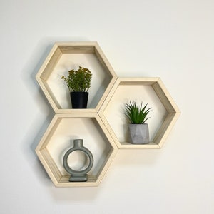 Charming Honeycomb Wood Shelves Set of 3, Hexagon Wall Decor, Wooden Storage Shelves, Add Rustic Warmth, Cozy Hexagonal Display Shelves
