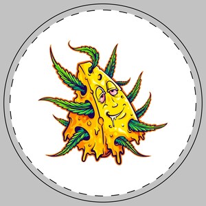 May include: A cartoon illustration of a smiling, yellow cheese wedge with holes, surrounded by green cannabis leaves. The cheese has a face with drool and red-tinted eyes, set against a white background within a circular frame.