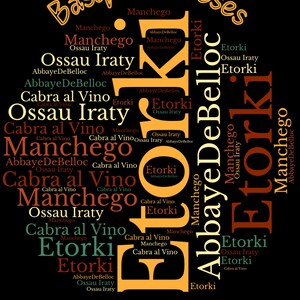 K&ouml;nnte beinhalten: Wortwolke mit baskischen K&auml;sesorten, darunter Manchego, Ossau Iraty, Abbaye De Belloc, Cabra al Vino und Etorki. Die W&ouml;rter sind kreisf&ouml;rmig angeordnet, wobei das Wort "Basque Cheeses" oben steht.