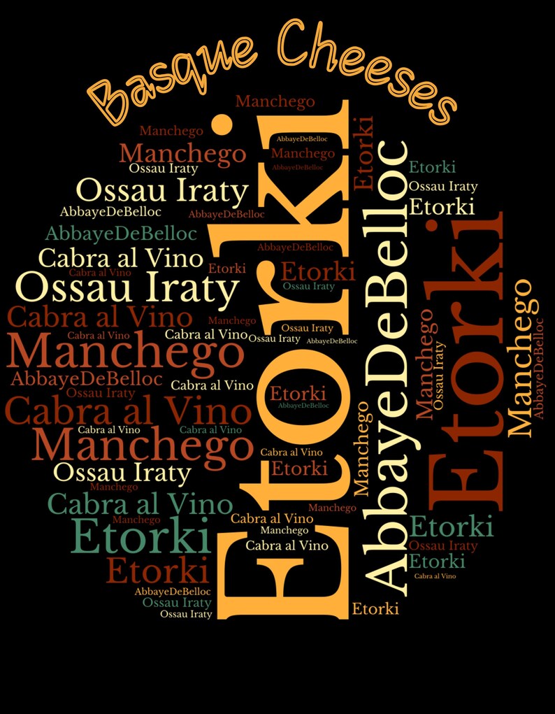 K&ouml;nnte beinhalten: Wortwolke mit baskischen K&auml;sesorten, darunter Manchego, Ossau Iraty, Abbaye De Belloc, Cabra al Vino und Etorki. Die W&ouml;rter sind kreisf&ouml;rmig angeordnet, wobei das Wort "Basque Cheeses" oben steht.