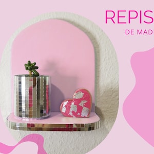 Pink decorative shelf, home decoration, with mirrors, pastel color, modern style, pink room, pink furniture, wooden furniture