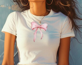 Camiseta para bebé Y2K, Top corto de coqueta a la moda para bebé con lazo rosa, Camiseta de estilo femenino con lazo rosa, Bonita camiseta de verano con lazo en la parte delantera, Regalo para ella