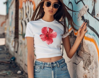 Camiseta de bebé con estampado de hibisco: Top corto floral con flores rojas