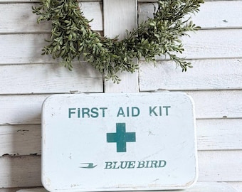 Vintage Blue Bird School Bus First Aid Kit: Retro Metal Box (Empty)
