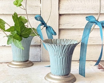 ONE Vintage French Blue Tin Funeral Basket Grave Basket Trumpet Vase