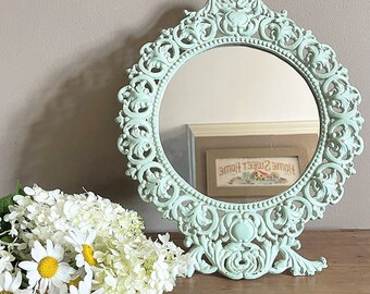 Vintage Mirror Cast Iron Easel Style Mirror Mint Green Ornate Emig Victorian Boudoir Vanity Style Dresser Make Up Mirror