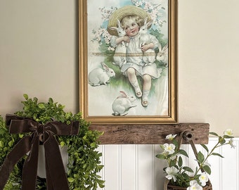 Antique Framed Lithograph Artwork EASTER MORNING Little Girl Easter Bonnet with Bunny Rabbits Cherry Blossoms Spring Decor Art