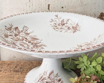 Antique Brown Transferware Compote: Dutch Cilla Pattern, Ironstone Pedestal Tazza (Maastricht)