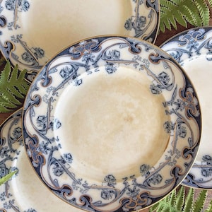 Antique Royal Staffordshire Flow Blue Iris Dinner Plates, Set of 4