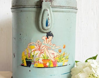 Vintage 1940s Aqua Lithograph Kitchen Canister: Garden Scene, Drop Latch Lid