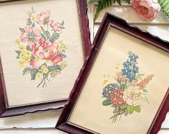Vintage Floral Bouquet Prints, Framed Cottage Farmhouse Wall Art (Pair)