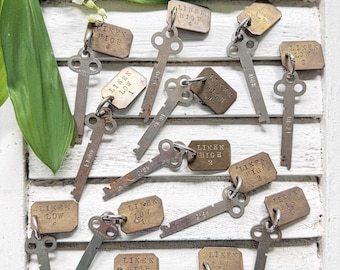 ONE Vintage “LINEN” Metal Key With Stamped Brass Tag