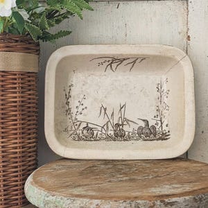 Antique Brown Transferware Ironstone Serving Dish Bowl Rare Erminie Pattern Marsh Birds Stained Crazed Victorian Primitive Farmhouse