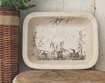 Antique Brown Transferware Serving Dish Bowl Erminie Pattern Marsh Birds Stained Crazed Victorian Farmhouse