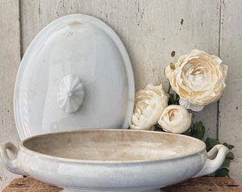 Antique H. Burgess Ironstone Tureen: 19th Century Staffordshire Serving Dish Stained and Crazed
