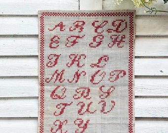 Antique German Schoolgirl Sampler: Redwork Alphabet Needlework Linen