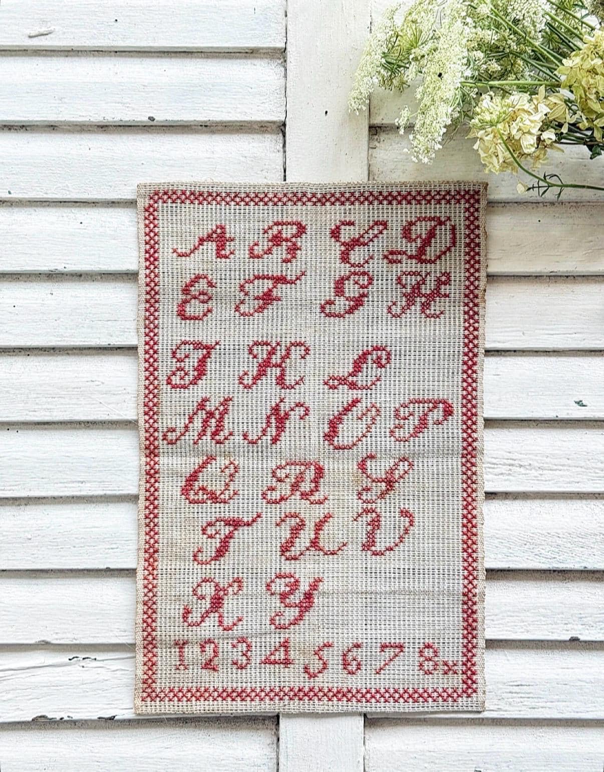Antique German Schoolgirl Sampler: Redwork Alphabet Needlework Linen