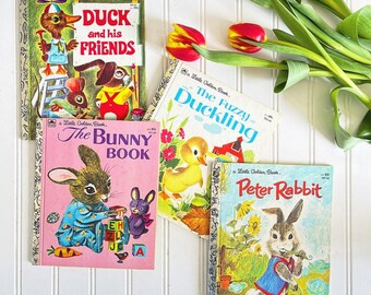 Vintage Easter Little Golden Books Collection of Four Children Library Nursery Decor  Bibliophile Ephemera Homeschool Classics Easter Decor