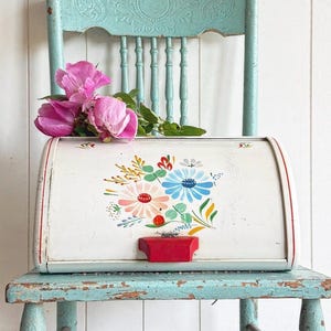 Vintage Ransburg Bread Box Breadbox Bread Tin with Hand Painted Flowers Painted Flowers Roll Top