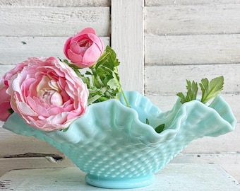 Vintage Fenton Aqua Turquoise Hobnail Milk Glass Bowl, Ruffled Scalloped Candy Dish