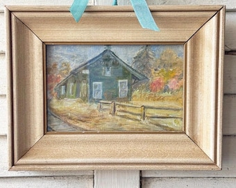 Vintage Oil Painting Rustic Train Station Depot Framed Impressionist Style On Board Artwork