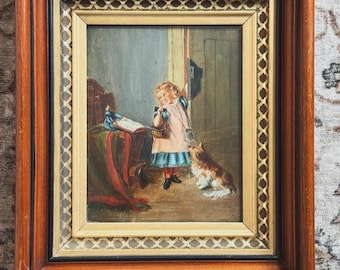 Antique Victorian Oil Painting | Girl with Collie Dog | Framed Genre Art, Late 1800s