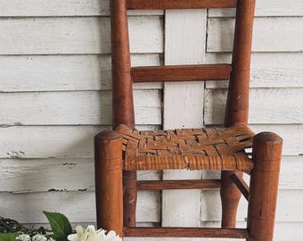 Antique American Primitive Doll Chair, 13" Ladder-Back Salesman Sample, Hand Woven Seat