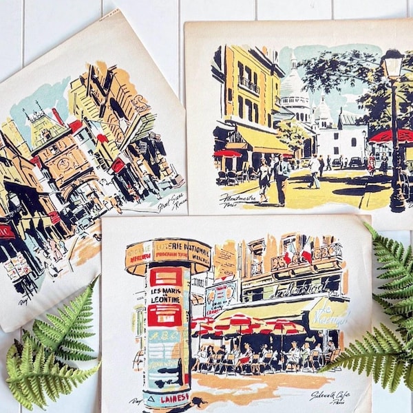 Set of 3 Vintage Paris Café Prints | Mid-Century French Street Scene Art | 1950s Paris Lithograph Style | Unframed