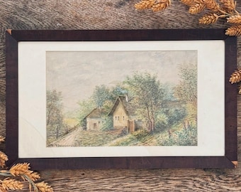Antique 1924 Original Watercolor Landscape Painting Framed European Cottage Scene Signed  Cottagecore Vintage Art