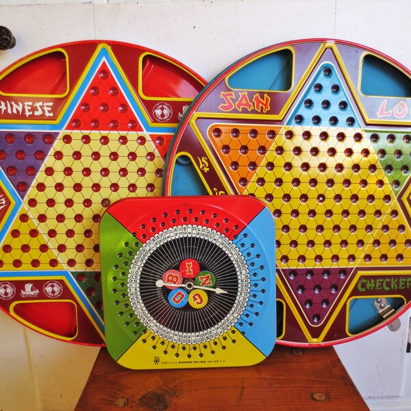 Game Night... Instant Collection Vintage Tin Game Boards, Chinese Checkers and Regular Checkers,  Bingo Spinner, Tin Metal Game Board