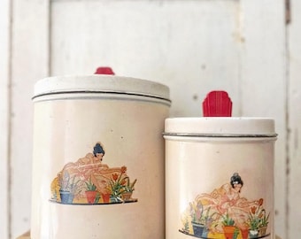 Vintage Tin Canisters: Nesting Lidded Storage, Bakelite Knob