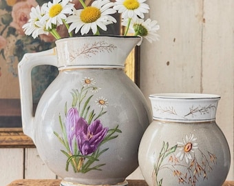 Antique Ironstone Pitcher and Toothbrush Holder Set: Victorian Floral Transferware Vanity Set