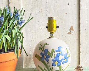 Vintage Blue Floral Flowers with Greenery Pottery Lamp Light Lighting Cottage Decor Hand Painted