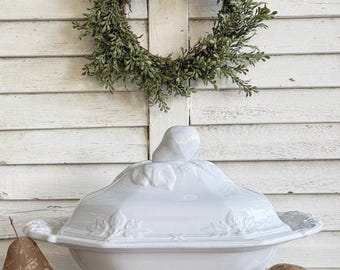 Antique Davenport White Ironstone Tureen, Fig Pattern Serving Dish, English Farmhouse Decor