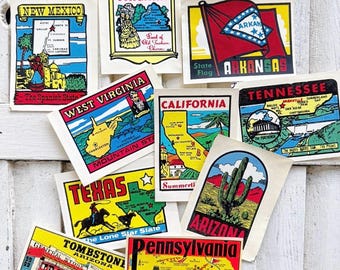 Vintage Travel Souvenir State Decal Lot (10 Pcs)  Luggage Tags Waterslide Decals